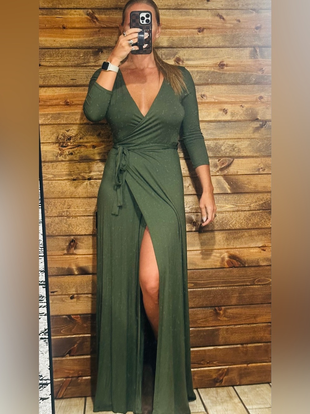 Lulu's Deep V Green Wrap Maxi Wrap Dress with Thigh Slit Size Medium